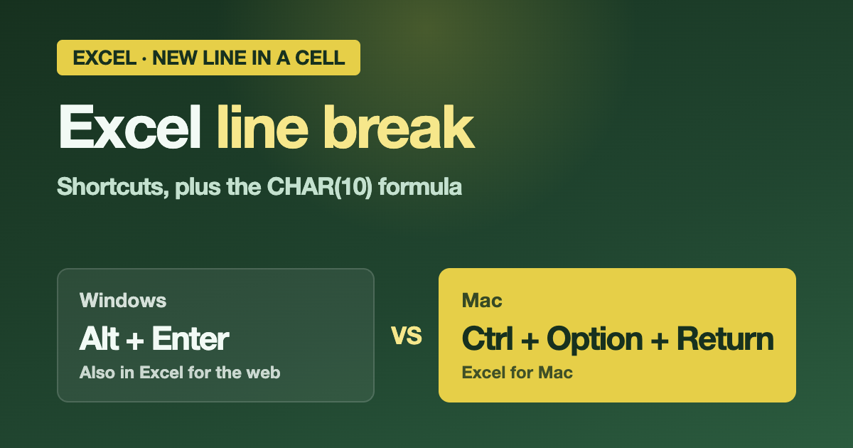 Excel line break shortcuts: Alt+Enter on Windows versus Control+Option+Return on Mac